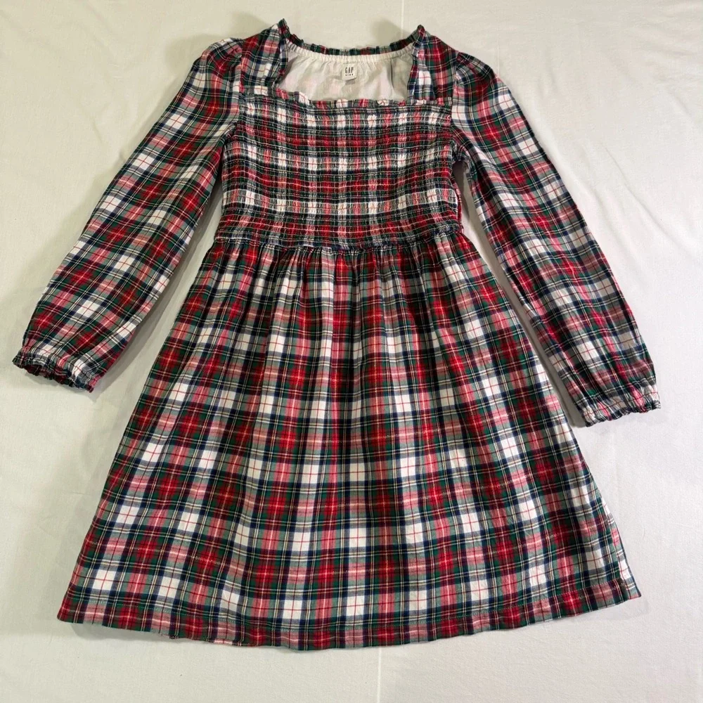 Gap Red Ivory Frost Holiday Smocked Plaid Dress Lined 100% cotton size XL(12)